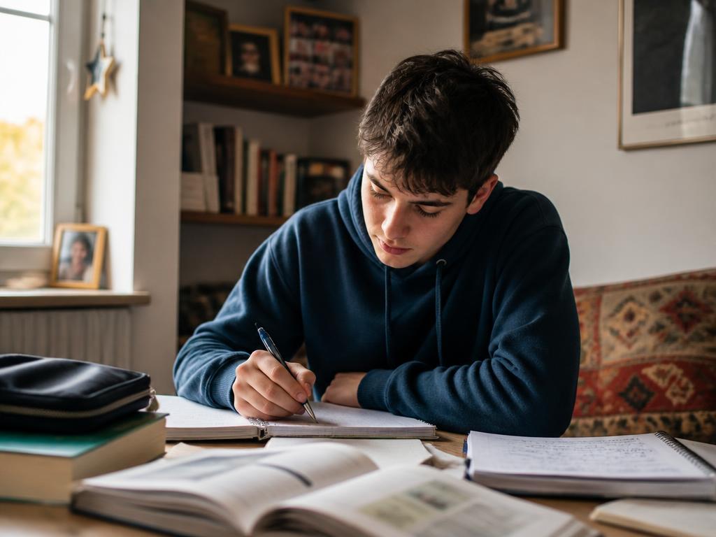Ragazzo adolescente che scrive tra libri e quaderni nel proprio angolo studio a casa