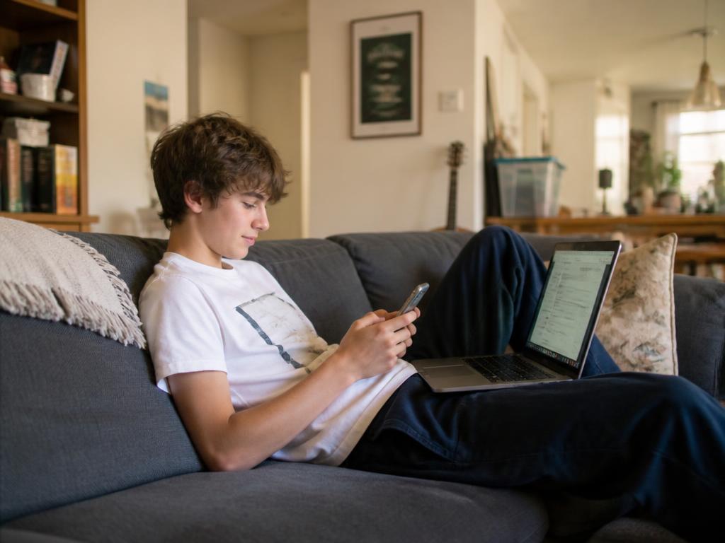 Ragazzo adolescente rilassato sul divano di casa con smartphone e laptop accanto